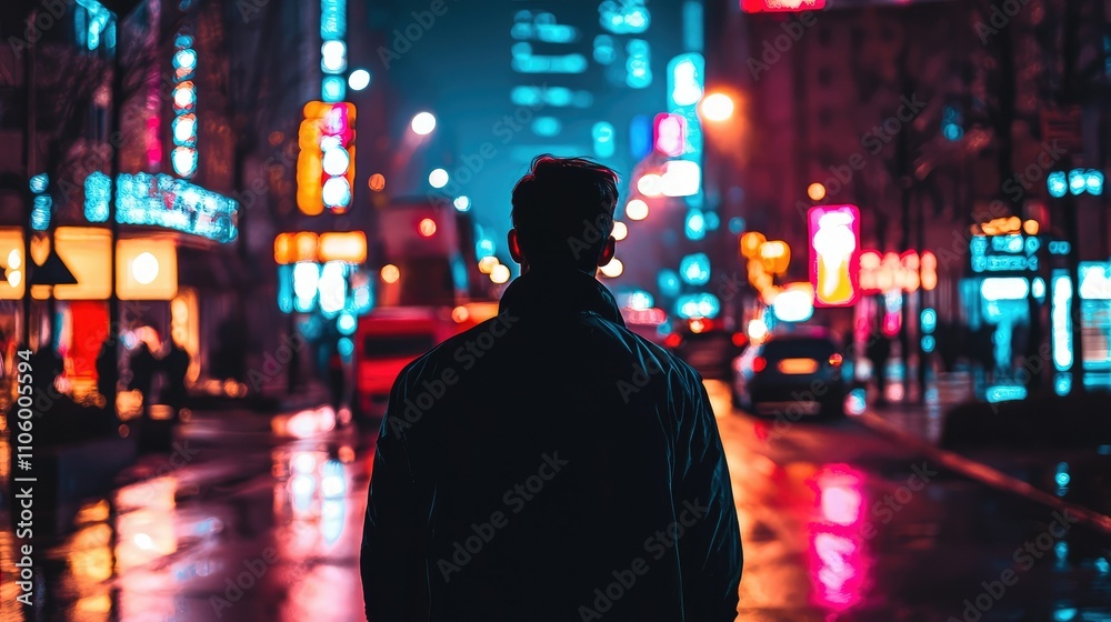 Shadowy Figure Standing at the Edge of a Desolate Cityscape Illuminated by Neon Lights and Reflections on Wet Pavement at Night Shadowy Figure Standing at the Edge of a Desolate Cityscape Illuminated by Neon Lights and Reflections on Wet Pavement at Night