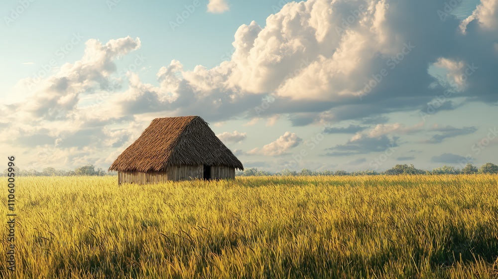 A Small Thatched Roof Hut in the Middle of a Golden Field Under a Beautiful Sky with Fluffy Clouds and Soft Natural Lighting A Small Thatched Roof Hut in the Middle of a Golden Field Under a Beautiful Sky with Fluffy Clouds and Soft Natural Lighting