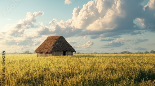 A Small Thatched Roof Hut in the Middle of a Golden Field Under a Beautiful Sky with Fluffy Clouds and Soft Natural Lighting