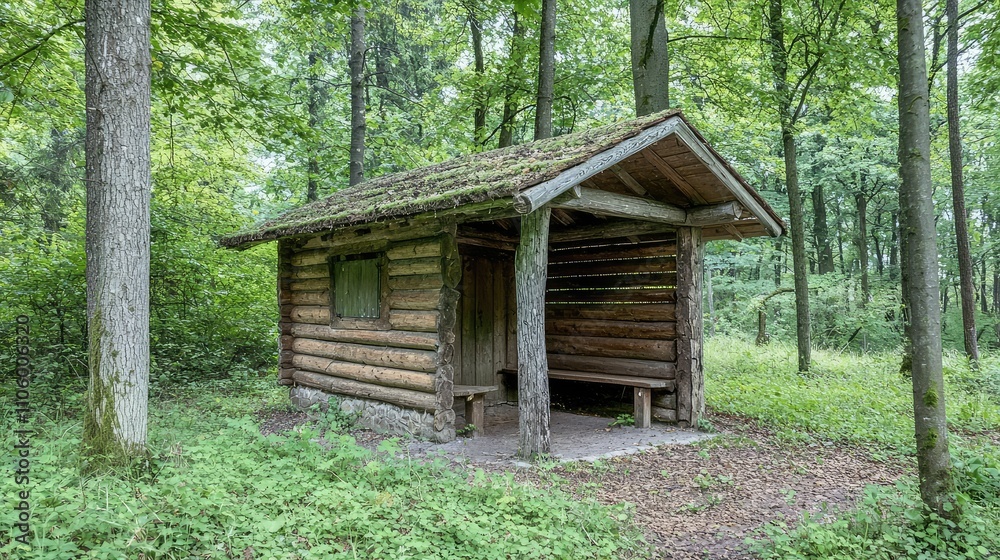 Small Wooden Shelter Nestled in the Forest Surrounded by Lush Green Trees, Offering a Tranquil Retreat in Nature's Embrace for Relaxation and Reflection Small Wooden Shelter Nestled in the Forest Surrounded by Lush Green Trees, Offering a Tranquil Retreat in Nature's Embrace for Relaxation and Reflection