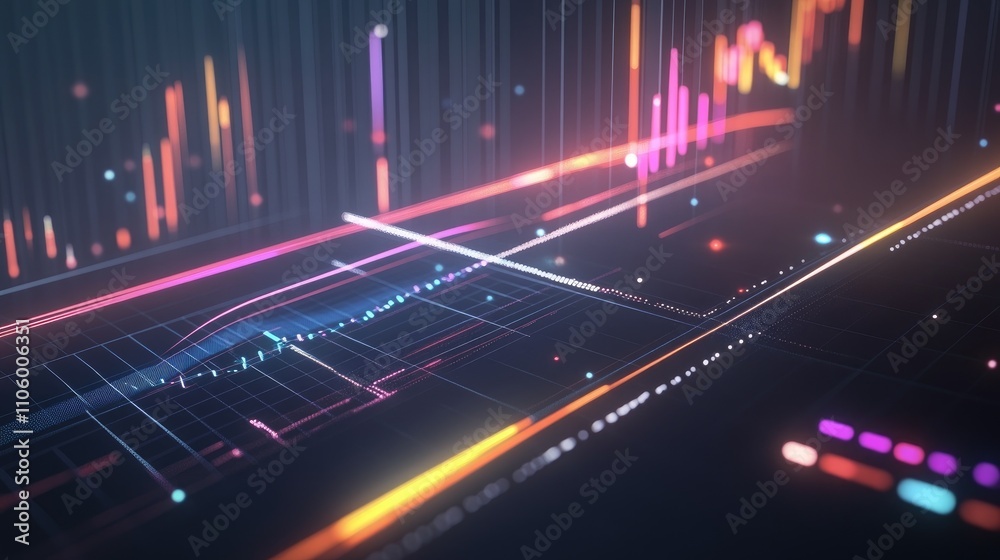 A dynamic financial graph with colorful lines and glowing bars, illustrating business growth over time, set in a modern digital workspace.