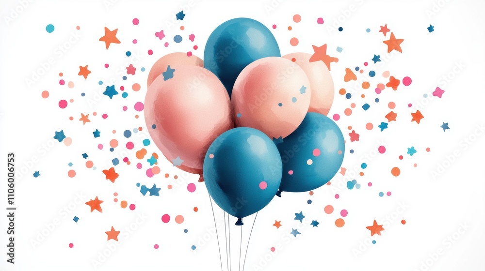 A colorful bunch of balloons surrounded by festive confetti and stars, perfect for celebrations and parties. A colorful bunch of balloons surrounded by festive confetti and stars, perfect for celebrations and parties.