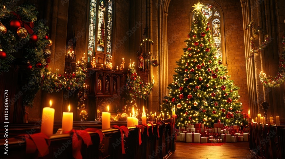 A beautifully decorated church interior with a glowing Christmas tree and candles, celebrating the holiday season. A beautifully decorated church interior with a glowing Christmas tree and candles, celebrating the holiday season.