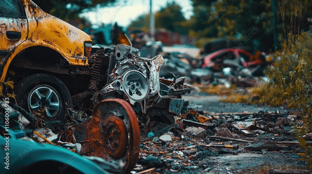 Rusting Abandoned Cars and Scrap Metal Parts in Overgrown Junkyard Landscape Surrounded by Nature's Resilience and City Scenery Rusting Abandoned Cars and Scrap Metal Parts in Overgrown Junkyard Landscape Surrounded by Nature's Resilience and City Scenery