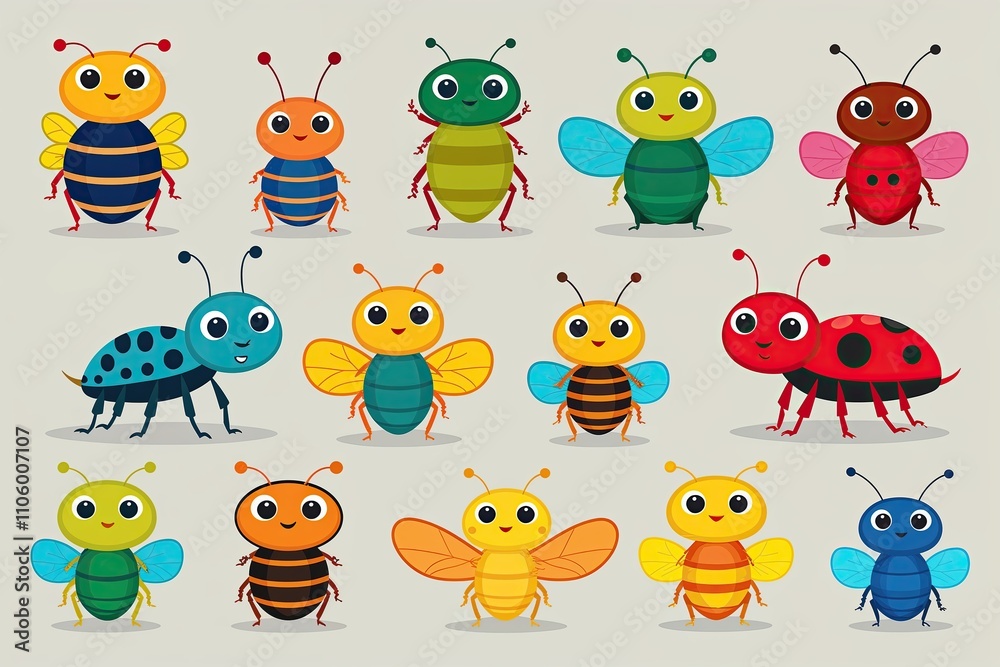 Obraz premium Colorful Cute Insect Character Collection for Adoption in Flat Illustration Style
