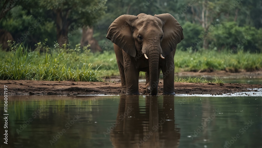 Fototapeta premium Elephant meditating in a peaceful natural setting.