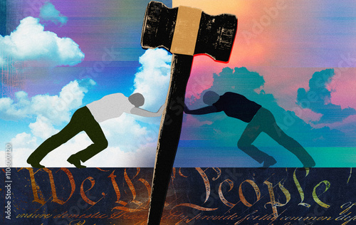 Two men pushing gavel in opposite directions on top of ‘We The People’