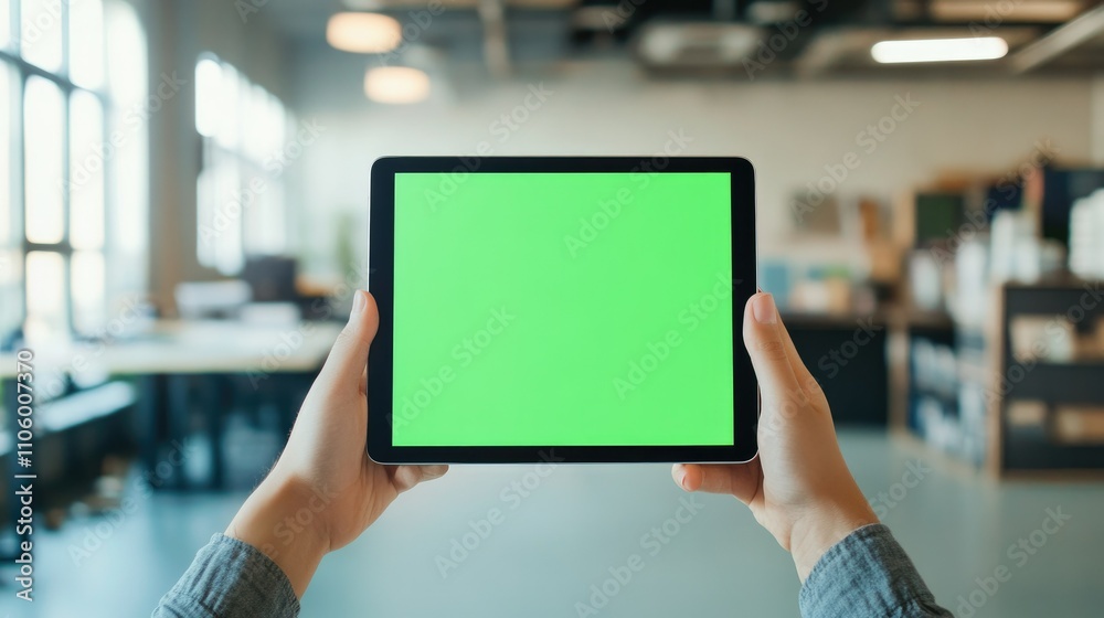 A bright office setting with a student holding an iPad featuring a green screen, ready for customizable content. A bright office setting with a student holding an iPad featuring a green screen, ready for customizable content.