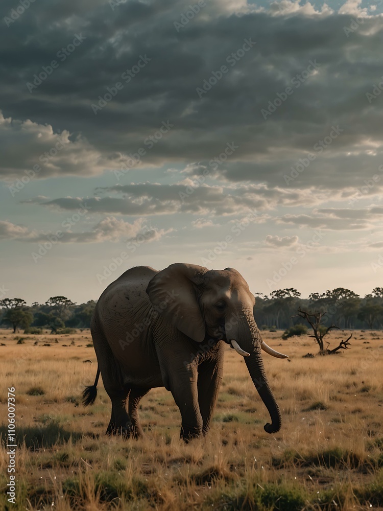 Naklejka premium Elephant standing alone in an empty field.