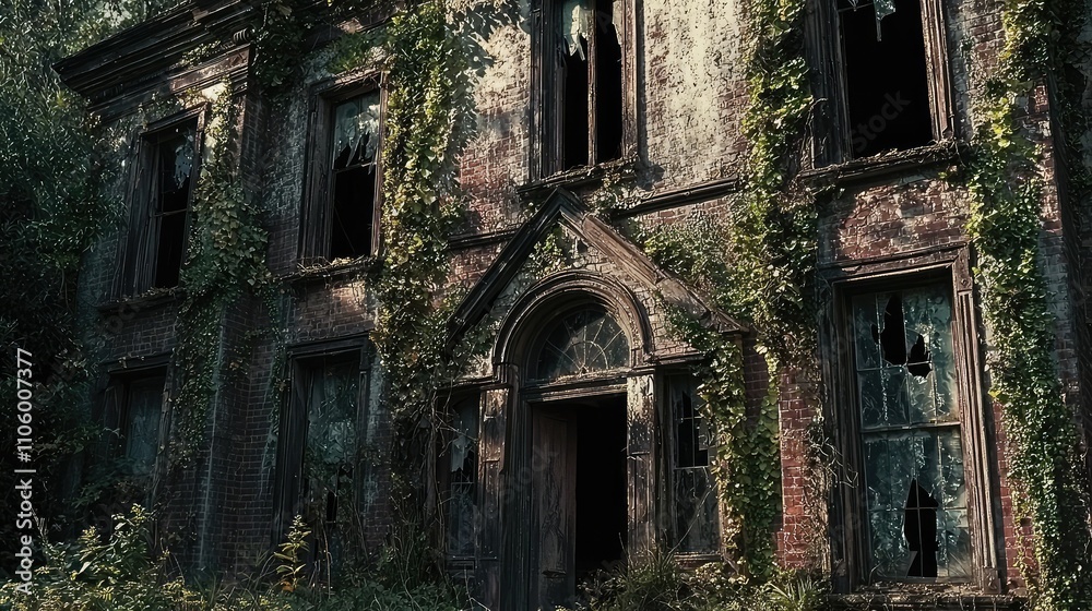 Fototapeta premium Eerie Abandoned Mansion Overgrown with Ivy and Broken Windows, Capturing a Sense of Mystery and the Haunting Beauty of Decaying Architecture in a Forgotten Place