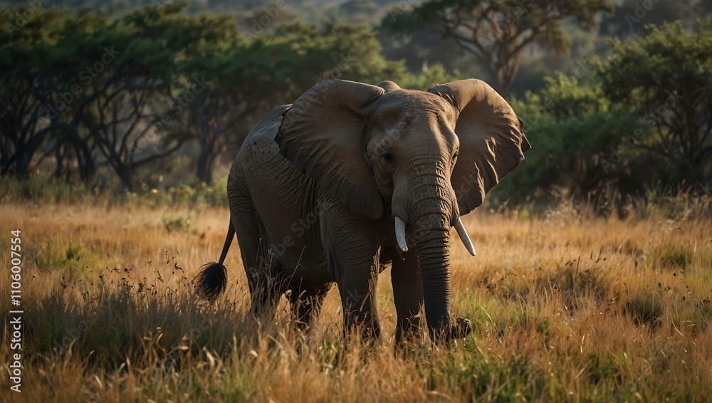 Obraz premium Elephant walking through tall grass.