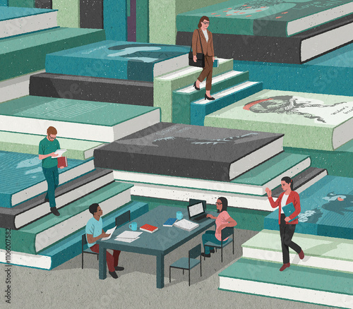 People working in office surrounded by books