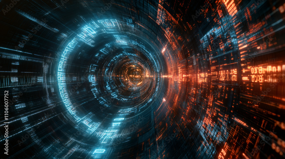 Obraz premium Data stream flowing inside rotating digital tunnel with blue and orange program code