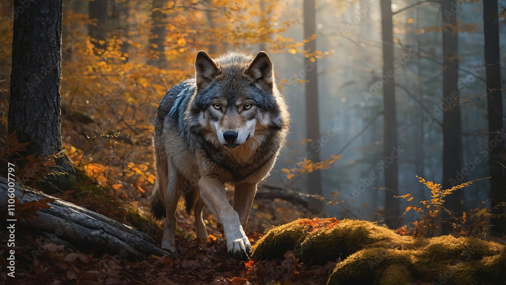 Wolf walking through a forest with autumn foliage in soft sunlight Wolf walking through a forest with autumn foliage in soft sunlight