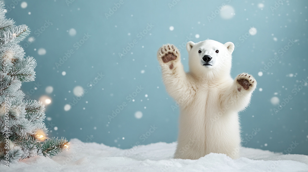 Fototapeta premium Adorable white polar bear waving, cute and funny happy animal in winter snow, copy space background, perfect for a arctic holiday greeting card.