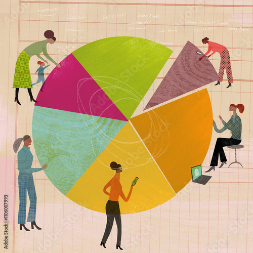 Women examining investment pie chart photo