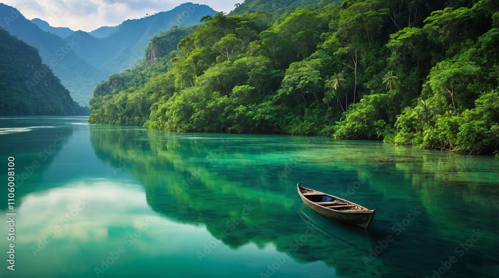 Tranquil river surrounded by lush mountains with a lone boat floating peacefully Tranquil river surrounded by lush mountains with a lone boat floating peacefully