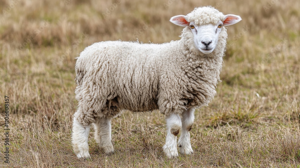Fototapeta premium A fluffy sheep standing in a grassy field, showcasing its woolly coat and curious expression.