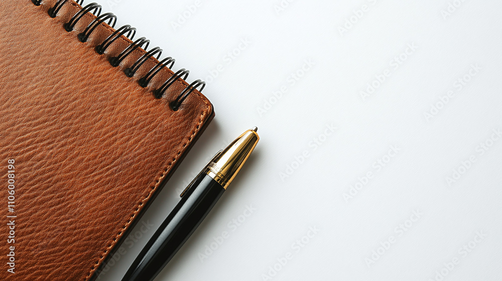 Black pen and brown leather notebook isolated on white background. business notepad diary page, spiral office document object, planner, text, message, write. Black pen and brown leather notebook isolated on white background. business notepad diary page, spiral office document object, planner, text, message, write.