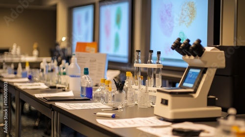 A podium set in a science conference, with lab equipment and research posters behind it  photo