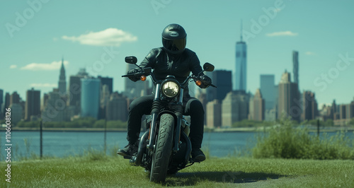 A cinematic still of a man wearing all black riding his motorcycle in front of lawn area with the city skyline behind them. photo