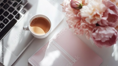 Fototapeta Naklejka Na Ścianę i Meble -  Laptop, Coffee, Notebook, Pink Peonies, Workspace, Aesthetic, Sunlight, Minimalist, Feminine, Desk
