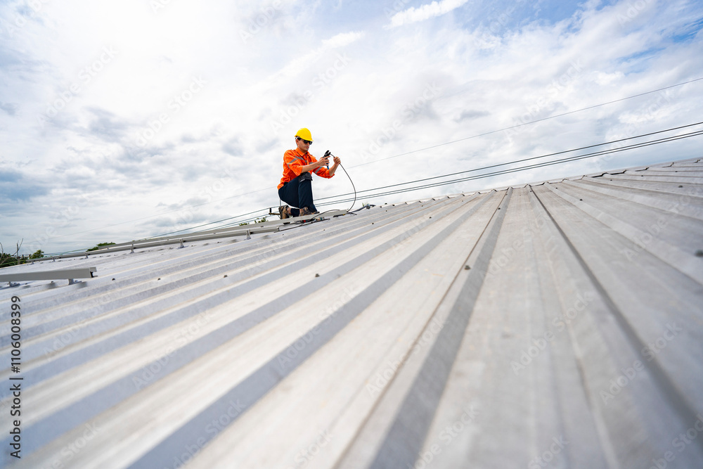 Technician in safety uniform and helmet kneeling on a rooftop, using a drill for precise installation work. A scene highlighting safety, professionalism, and technical expertise in construction.