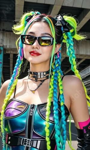 A Trendsetting Harajuku Fan Girl Model Displaying Confidence In Edgy Cyber Goth Fashion
 photo