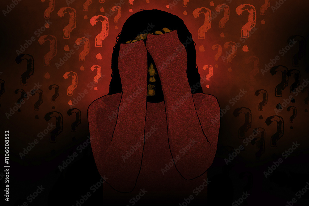 © IKON Images - Woman in despair with hands over face surrounded by question marks