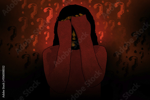 Woman in despair with hands over face surrounded by question marks photo