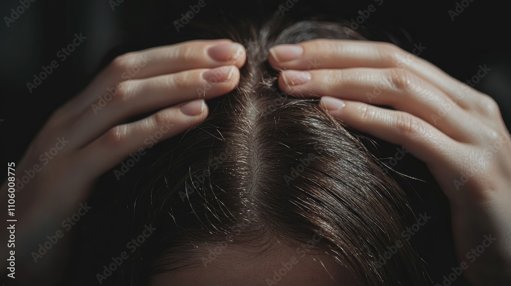 Fototapeta premium A close-up of hands parting hair to reveal thinning areas on the scalp, focusing on hair health issues