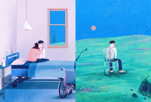 Elderly man looking out of hospital room window imagining being outdoors