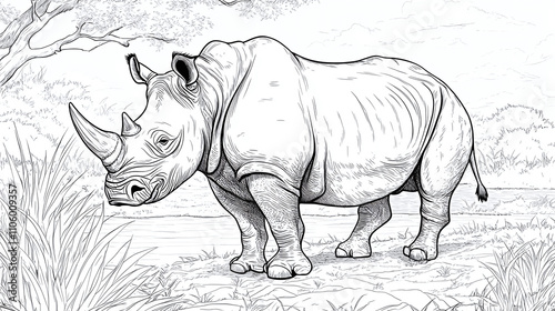 Engaging rhino coloring page, playful book drawing zoo, whimsical outline wildlife animal, charming safari illustration, cartoon nature educational.