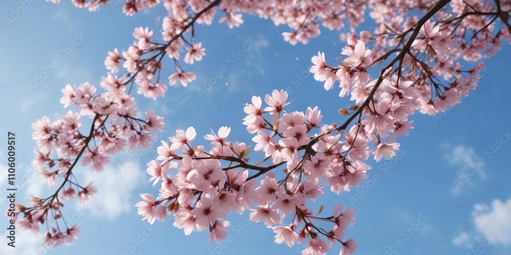 Soft pink sakura petals falling against a clear blue sky, Background, Cherry blossom Soft pink sakura petals falling against a clear blue sky, Background, Cherry blossom