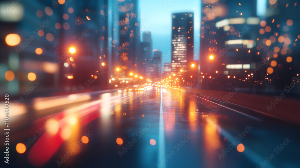 Dusk cityscape with wet asphalt reflecting street lights and car light trails Dusk cityscape with wet asphalt reflecting street lights and car light trails