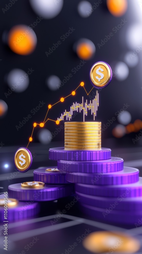 A digital representation of growing wealth, showcasing stacks of coins and a rising graph, emphasizing finance and investment themes. A digital representation of growing wealth, showcasing stacks of coins and a rising graph, emphasizing finance and investment themes.