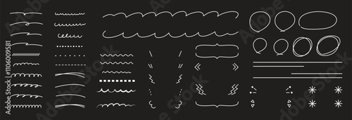 Black pen hand drawn collection of lines, x marks, underline strokes, doodles and arrows.