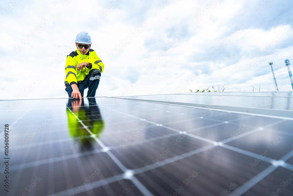 A skilled technician adjusts a solar panel on rooftop, emphasizing the transition to sustainable energy. Equipped with safety gear, the worker demonstrates precision in renewable energy installations. A skilled technician adjusts a solar panel on rooftop, emphasizing the transition to sustainable energy. Equipped with safety gear, the worker demonstrates precision in renewable energy installations.