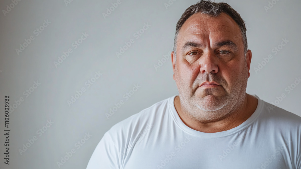 Obraz premium Portrait of fat, overweight middle-aged man wearing white t-shirt, looking at the camera, isolated on white background. diabetes disease and obesity, depressed person.