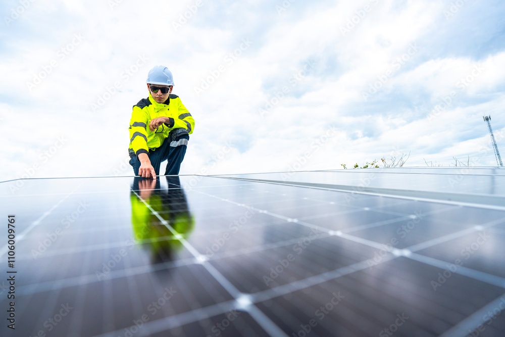 A skilled technician adjusts a solar panel on rooftop, emphasizing the transition to sustainable energy. Equipped with safety gear, the worker demonstrates precision in renewable energy installations. A skilled technician adjusts a solar panel on rooftop, emphasizing the transition to sustainable energy. Equipped with safety gear, the worker demonstrates precision in renewable energy installations.