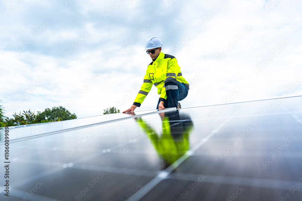 A skilled technician adjusts a solar panel on rooftop, emphasizing the transition to sustainable energy. Equipped with safety gear, the worker demonstrates precision in renewable energy installations. A skilled technician adjusts a solar panel on rooftop, emphasizing the transition to sustainable energy. Equipped with safety gear, the worker demonstrates precision in renewable energy installations.