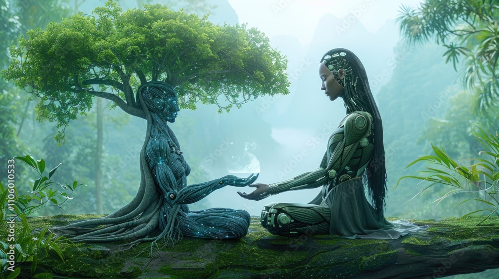 Enchanting Fantasy Landscape with Ethereal Tree Creatures Connection Enchanting Fantasy Landscape with Ethereal Tree Creatures Connection