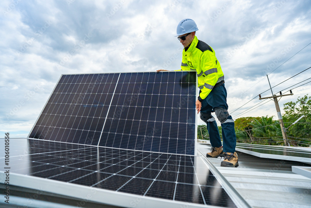 A skilled technician adjusts a solar panel on rooftop, emphasizing the transition to sustainable energy. Equipped with safety gear, the worker demonstrates precision in renewable energy installations. A skilled technician adjusts a solar panel on rooftop, emphasizing the transition to sustainable energy. Equipped with safety gear, the worker demonstrates precision in renewable energy installations.