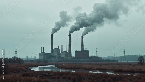 Wallpaper Mural gloomy industrial power plant with smokestacks and smoke beside river in overcast weather Torontodigital.ca