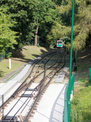 Petri­n funicular, a funicular railway in the Czech capital city of Prague. It links the Mala Strana district with the top of Petrin hill. photo