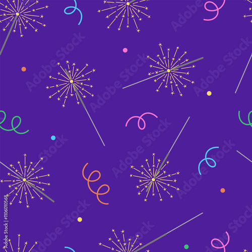 Seamless pattern with burning sparklers on purple background. Bengal lights wallpaper with sparkling fireworks and colorful decorations for New Year celebration or birthday. Vector illustration.