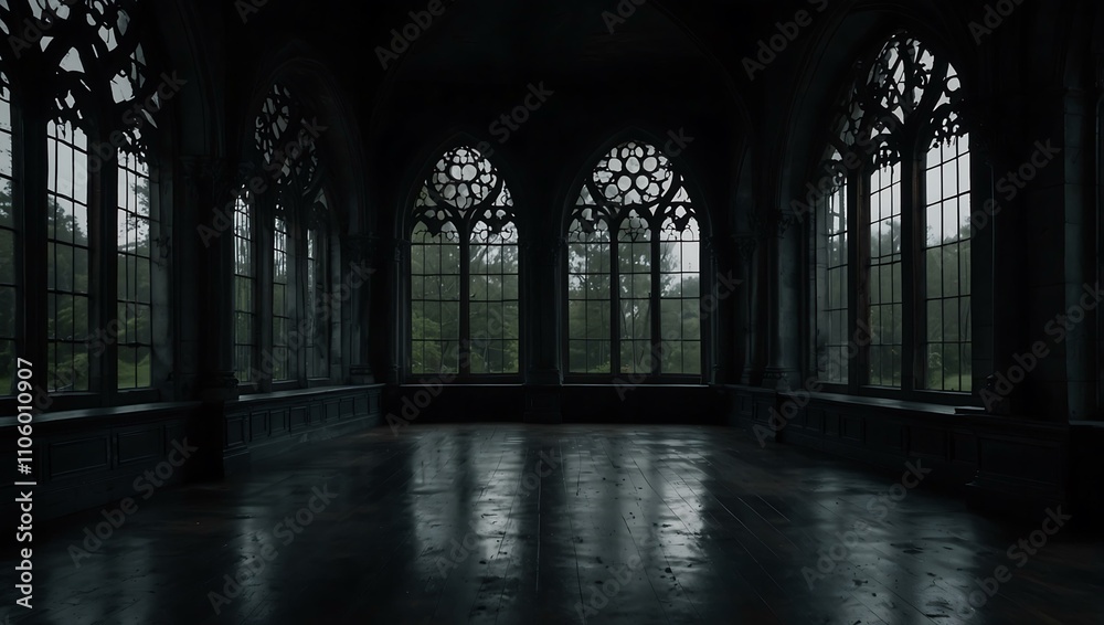 Fototapeta premium Empty gothic-style dark room with large windows.
