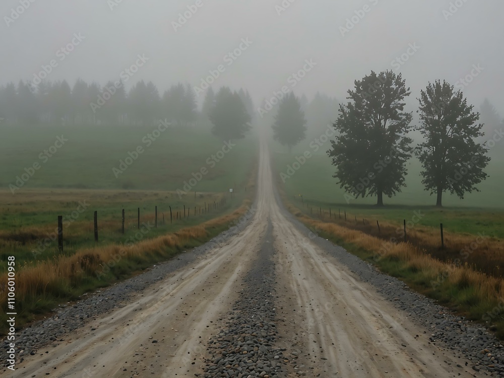 Empty gravel road through foggy fields, symbolizing solitude. Empty gravel road through foggy fields, symbolizing solitude.