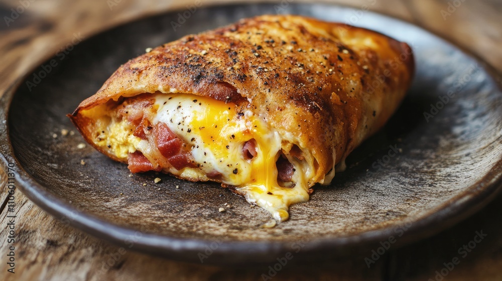 A freshly made bacon and egg roll on a rustic plate, with melted cheese oozing over the edges.
