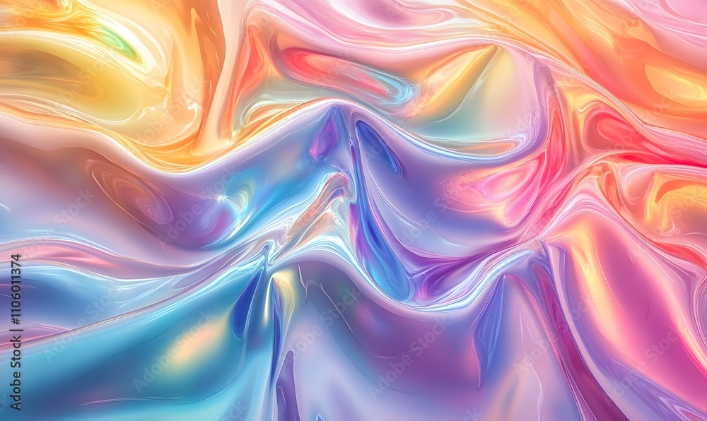 Obraz premium Abstract holographic foil with a pastel rainbow swirl pattern, giving a soft, fluid appearance